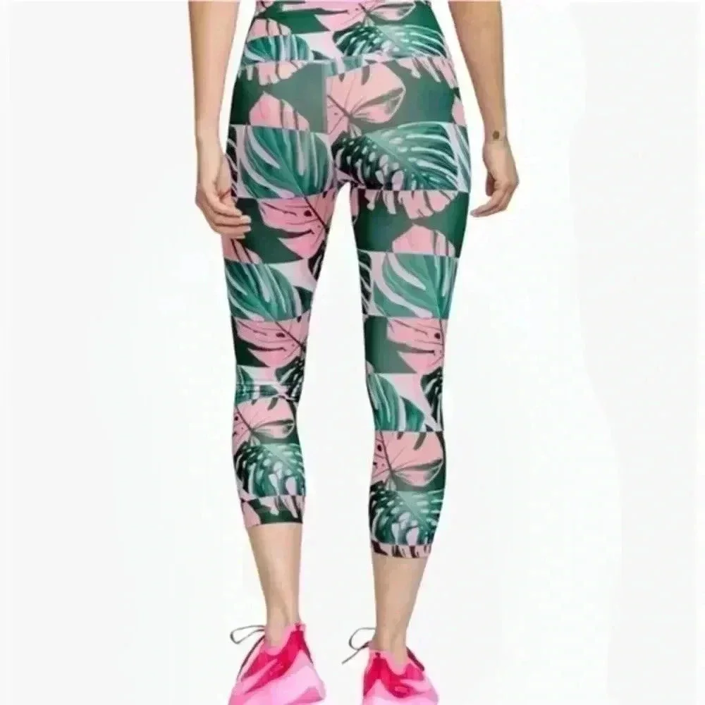 NWOT NIKE DRI FIT PINK TROPICAL LEAF SPANDEX LEGGINGS 🌴 - Picture 2 of 3